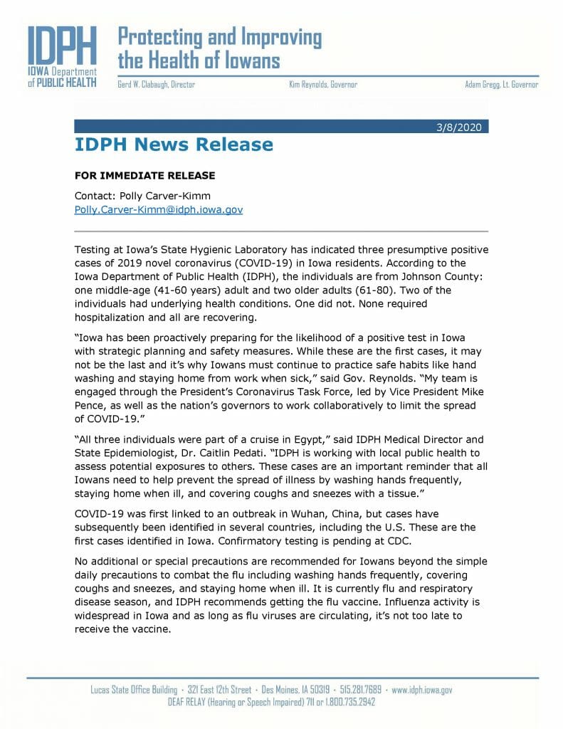 IDPH Press Release 3 8 20 Page 1