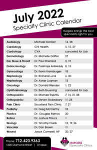 Clinic calendar July 2022